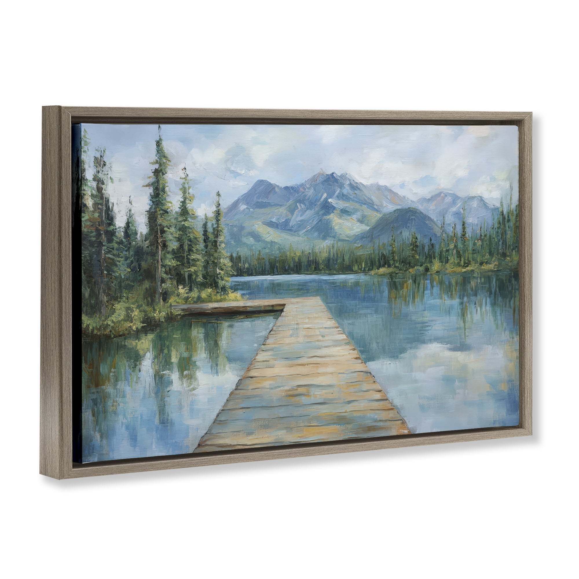 Stupell Industries Peaceful Lake Dock in the Mountains Brown Framed Floater Canvas Wall Art, design by Petal Prints Design