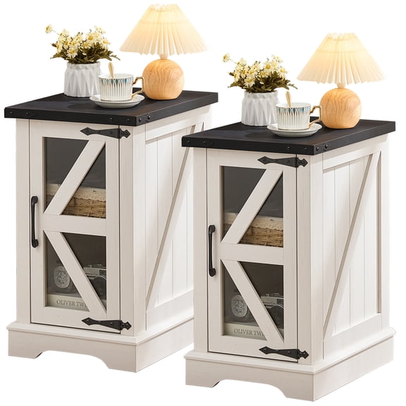 Joaxswe Farmhouse End Table, Nightstand Set of 2 with Glass Barn Door, Side Table for Living Room Bedroom, White