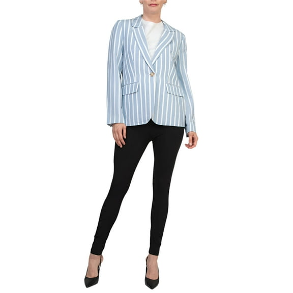 Philosophy One Button Closure Stripe Pattern Notched Collar Long Sleeve Linen Cotton Blend Blazer Color: BLUE STRIPE, Size: S