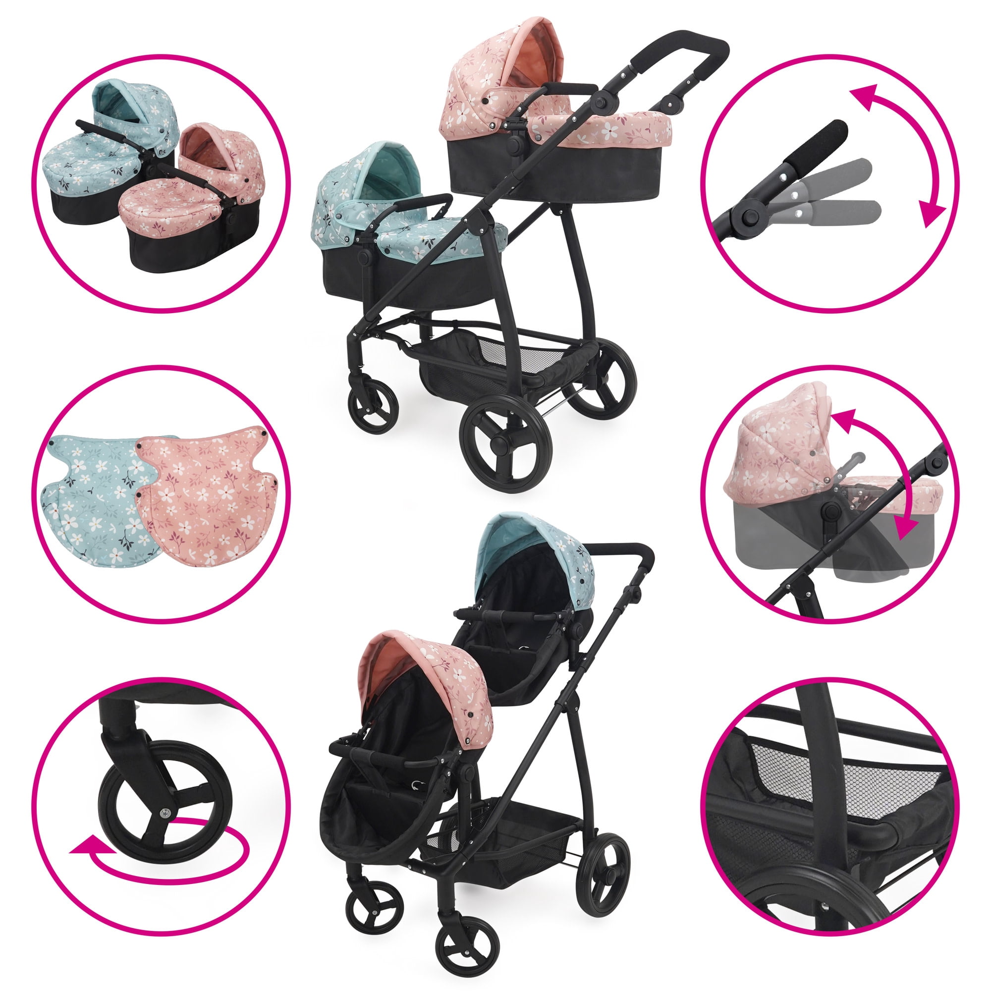 509 Crew: Springtime - Deluxe City Twin Doll Stroller - Black-Pink-Blue-Flowers, Converts To Jogger & Push Pram, Adjustable Doll Accessory Toy, Kid 3+