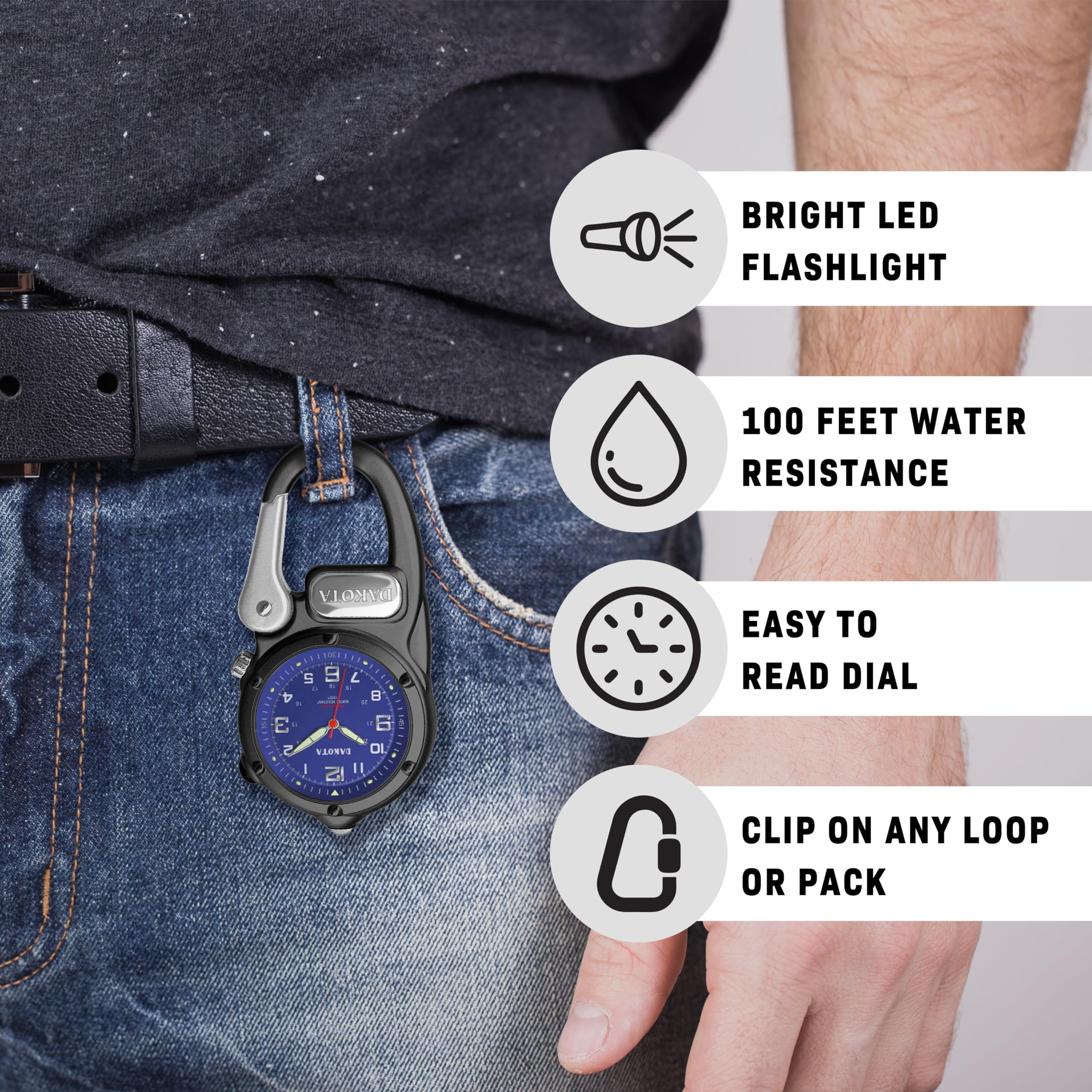 Dakota Mini Clip Microlight, Quality Pocket and Fob Watch, Outdoor Gifts for Men, Use for Fishing Hunting, and More, LED Flashlight, Clip on Watch