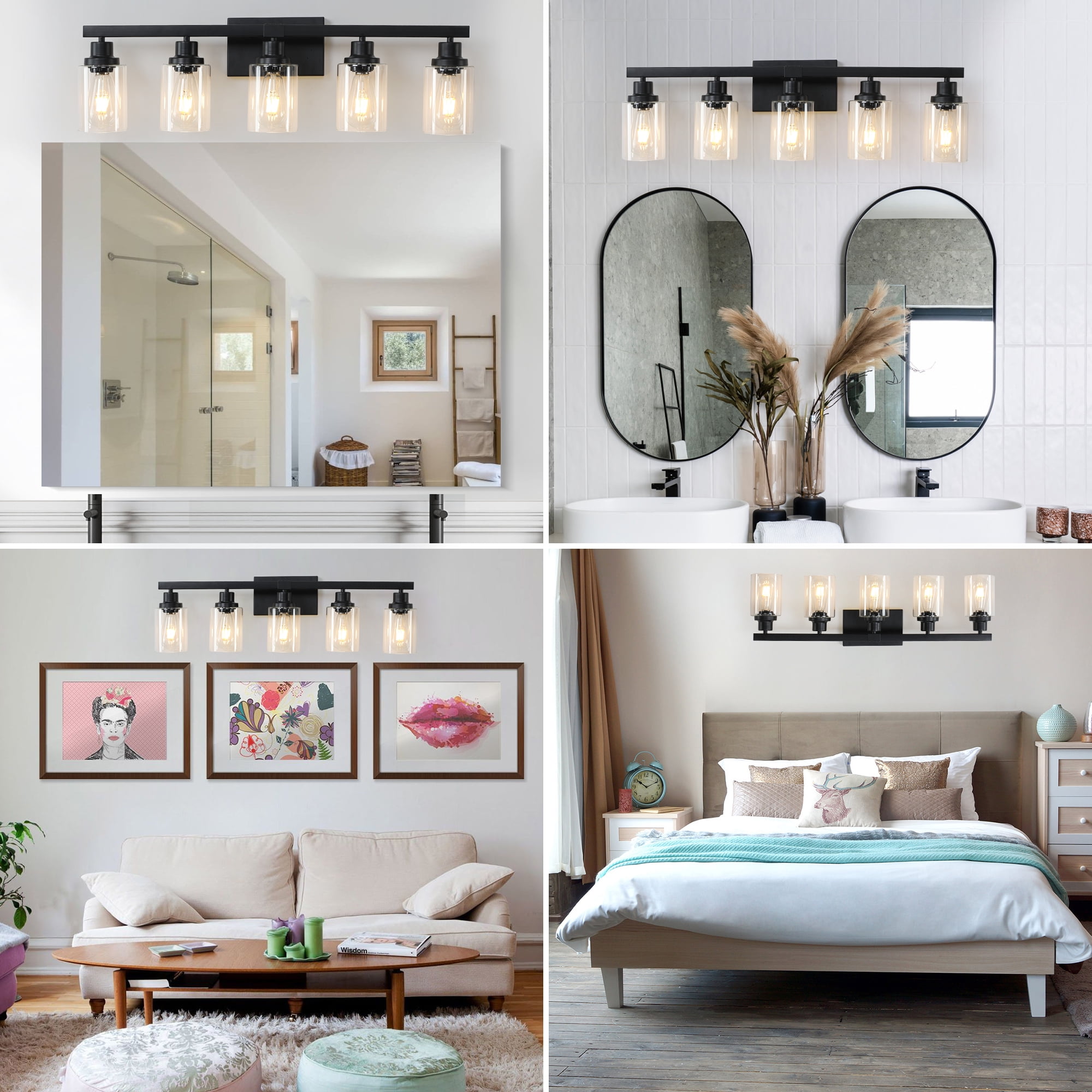 31" Modern Black 5-Light Bathroom Vanity Light Fixture, Industrial Wall Sconce with Clear Glass Shades for Mirror, Bathroom, Bedroom, and Hallway (No Bulbs)