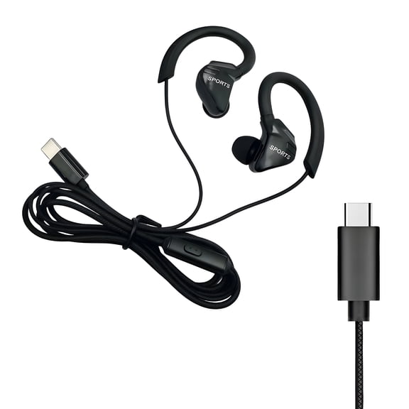GJX USB C Wired Earbuds with Microphone, Sport Headphones with Ear Hooks, HiFi Stereo Bass Headset, Tangle Resistant Corded Earphones for Running and Gym