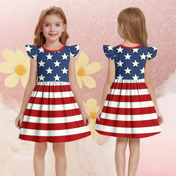 Odeerbi Niñas Día de La Independencia Vestido de Línea A Verano Patriótico Estrella Raya Ruffle Gorra Manga Vestido Casual
