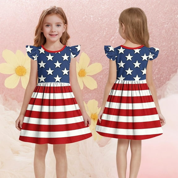 Delliss Little Girls A-Line Dress Cute Rainbow Pattern Flying Sleeve Casual Toddler Girl Dresses for Party 3-14 Years