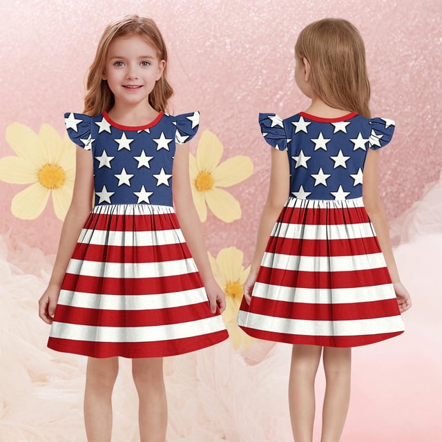 MKOSPLRT Robes Patriotiques pour Tout-Petites Filles 3-14 Ans Manches Volantées Évasées Ligne A Dress 4th de Juillet Rouge Blanc et Bleu Robes Midi