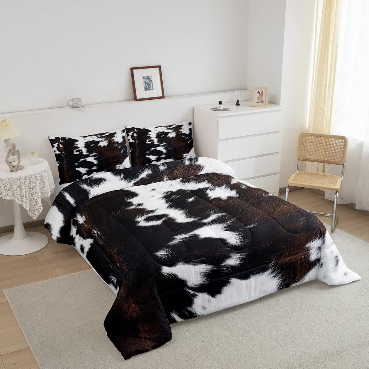 Brown Cowhide Comforter Set King,Black White Aztec Cow Print Bedding Set Western Farmhouse Animal Down Comforter for Kids Boys Girls,Rustic Cowboy Quilt Duvet Set 2 Pillow Cases Bedroom Decor
