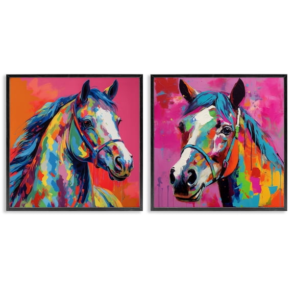 Stupell Industries Bright Neon Horse Portrait Animals Painting Black Framed Art Print Wall Art, 12 x 12, Set of 2