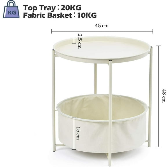 Sofa Side Snack Table,Coffee Round Table with Basket,Metal End Table,Nightstand with fabric Storage Basket and Detachable Tray Top,