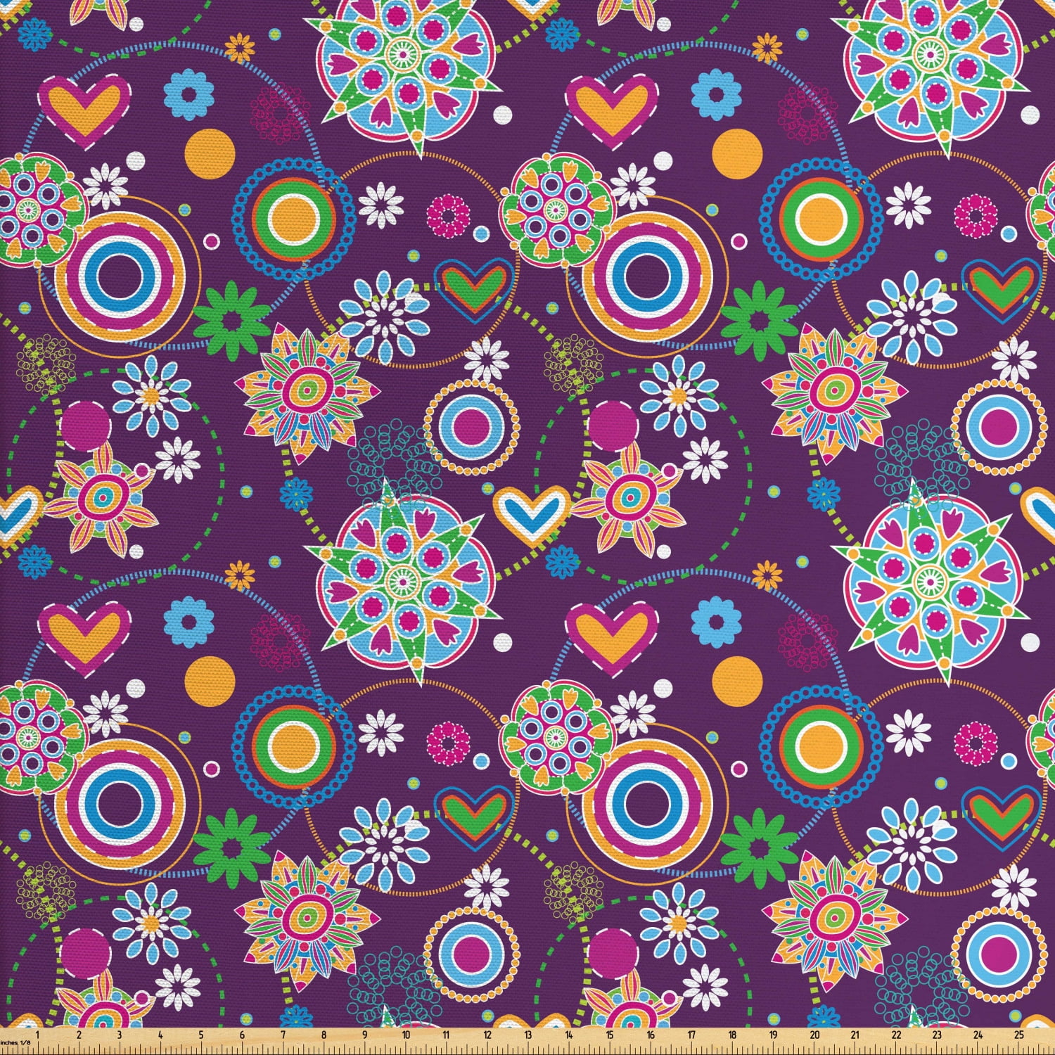 Hippie Fabric by The Yard, Sixties Style Illustration with Peace and