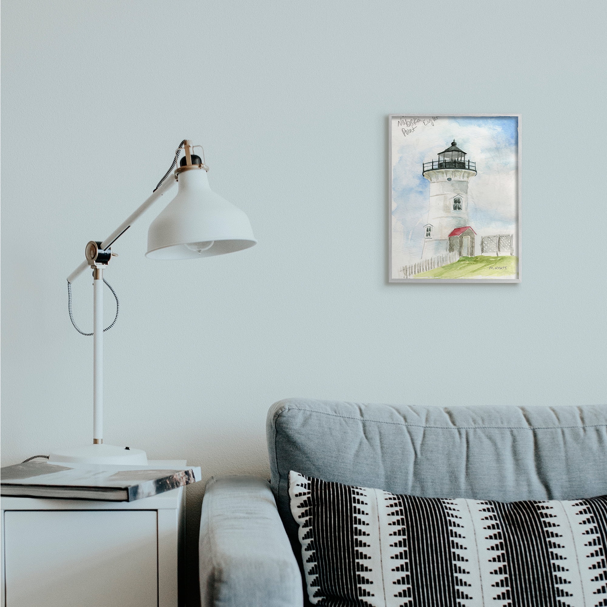 Stupell Industries Nobska Point Lighthouse Cliffside Coastal Architecture Grey Framed, 11 x 14, Design by Melissa Hyatt LLC