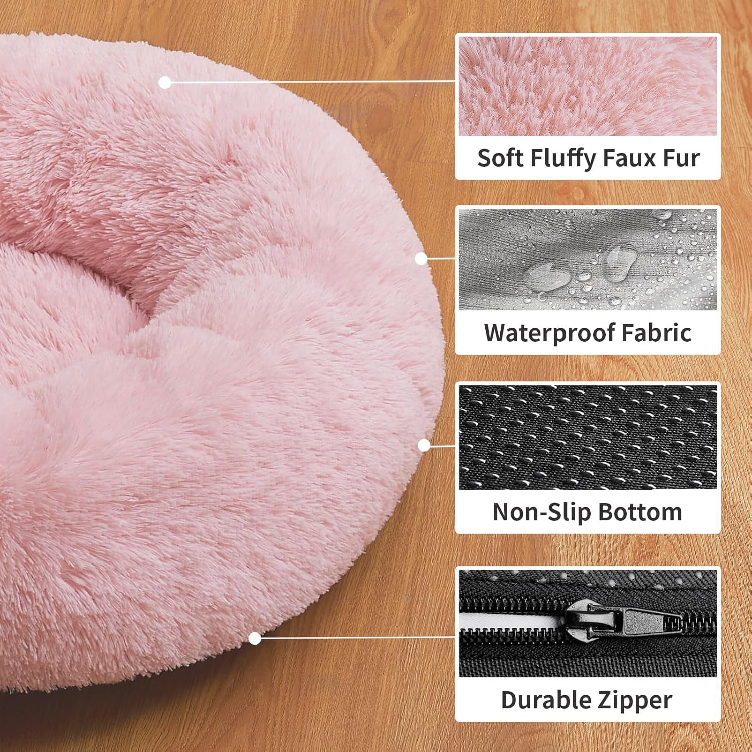 Calming Donut Cat Bed Pillow for Small Pets, Machine Washable Removable Cover, Comfort Plush Fluffy Faux Fur with Anti-Slip Bottom, Dogs-Friendly Round Cuddly Design, Pink, 20 inches