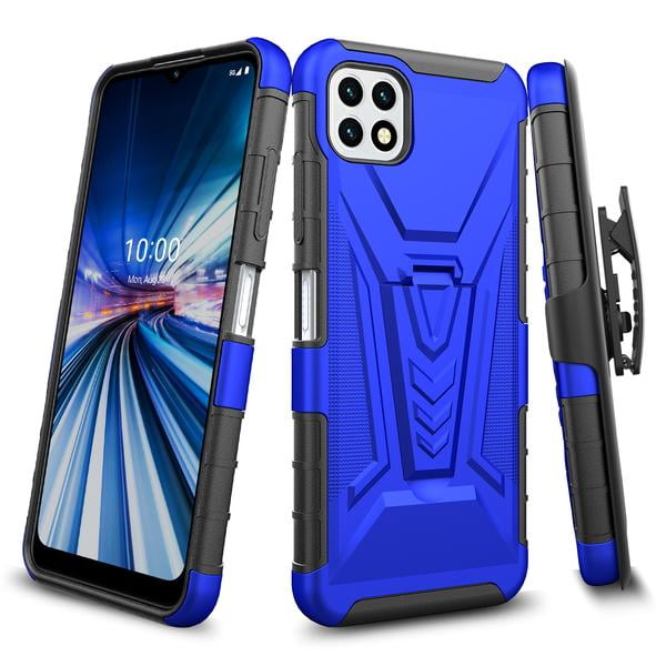 SPY CASE for Boost Mobile Celero 5G Case, Samsung Galaxy A22 5G Case with Tempered Glass Screen Protector Hybrid Cover with Kickstand Phone Belt Clip Holster - Blue