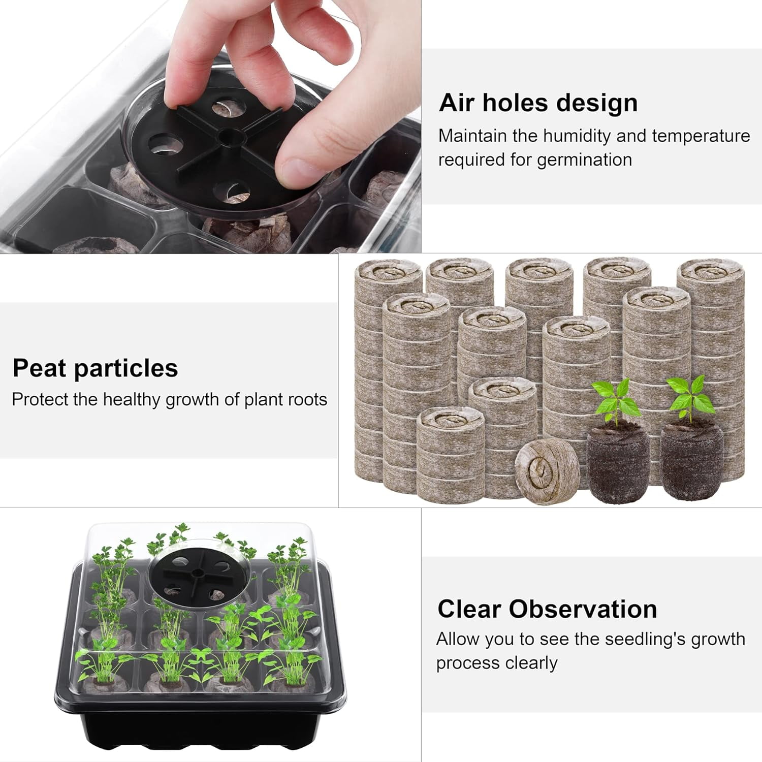 Seed Starter Tray Kit with Humidity Dome and Base, Including Peat Pellets, Plant Labels, Tool, Plastic Trays for Indoor Outdoor, Black