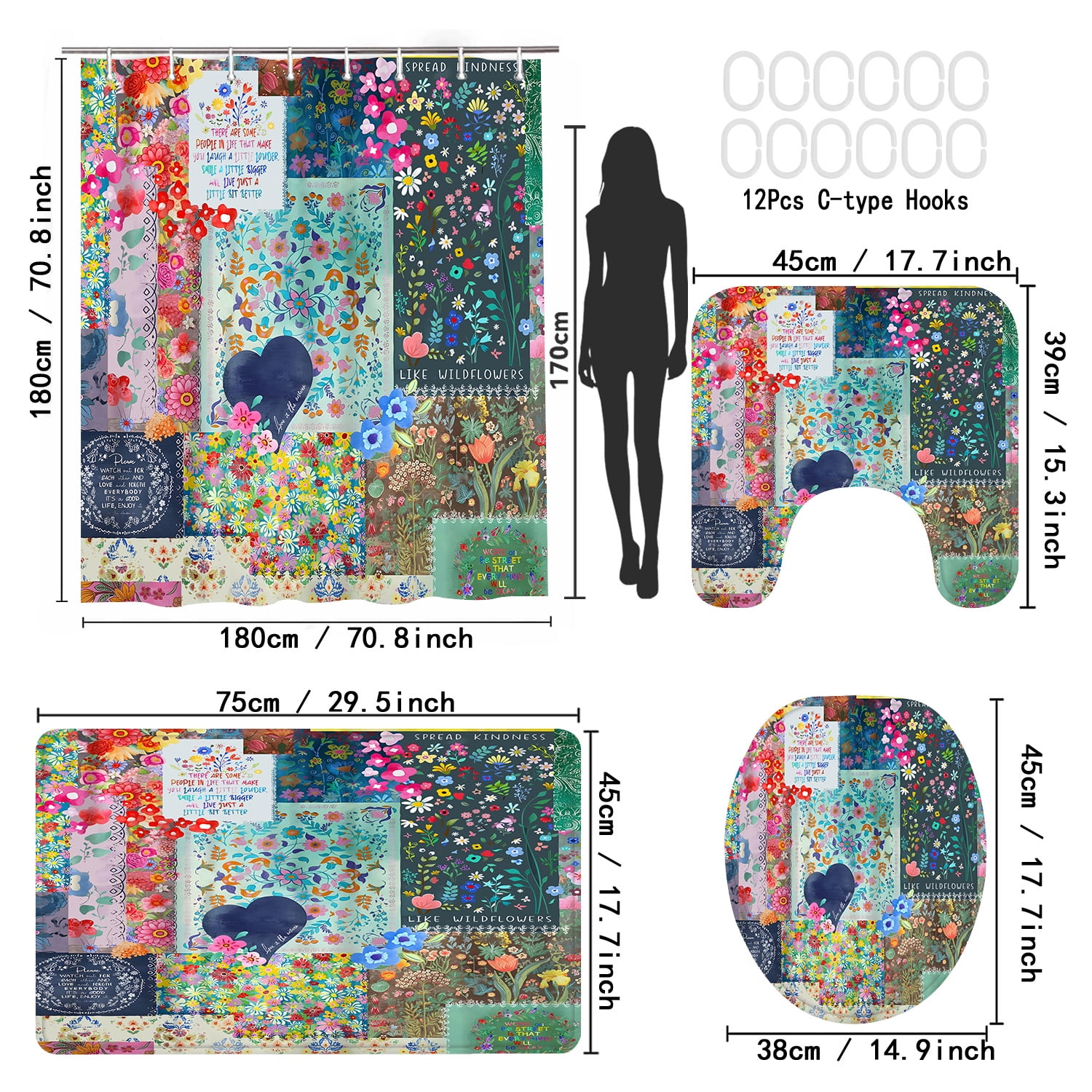 LVRLVR 1/4 Colorful Floral Patchwork & Kindness Affirmation Fabric Shower Curtain Rug Set - Bohemia Flower Bath Mat Bathroom Decoration,Multicolor, 70.8" × 70.8"