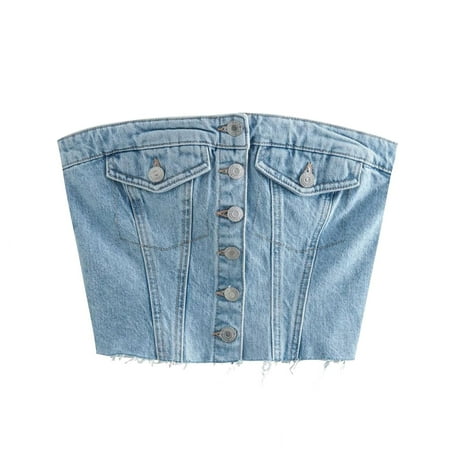 

CLZOUD Skinny Slits Pleated Bustier Cropped Cami Blue Denim Women s Slim Fit Fashion Jeans Pocket Button Stretch Vest Jacket Smock M