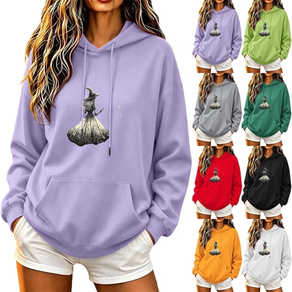 NSLGXD Vintage Witch Graphic Womens Hoodie Halloween Gothic Oversized Baggy Pocket Hooded Sweatshirt Long Sleeve Casual Autumn Pullover Tops S-XL