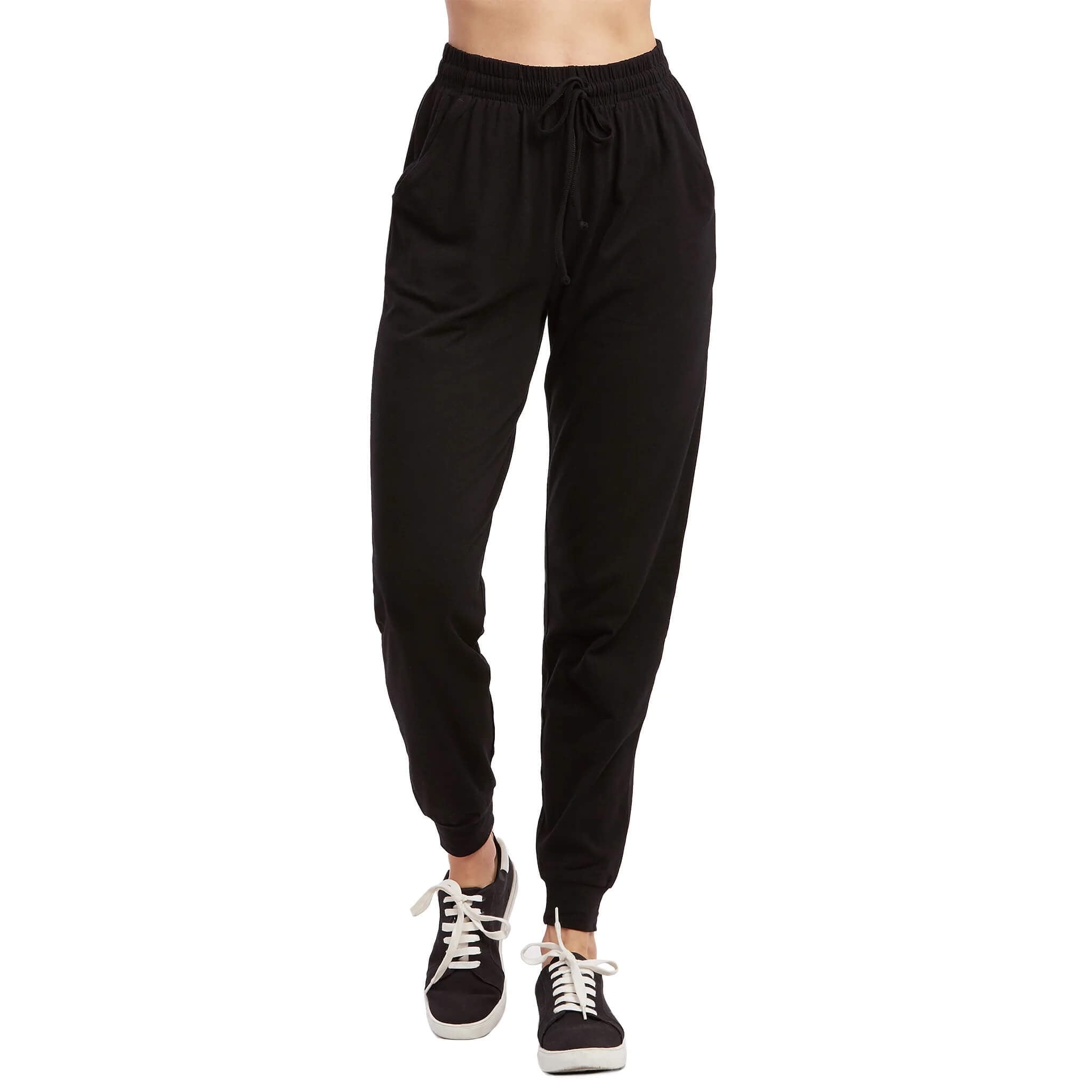 Women's Cotton Stretch Active Jersey Jogger Pants with Pockets, Black L