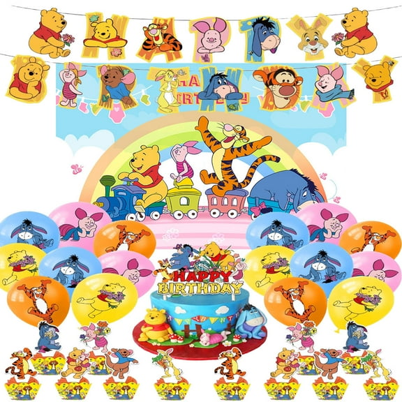 Winnie the Pooh birthday party supplies, party decorations include happy birthday banners, balloons, backdrops, cupcake toppers