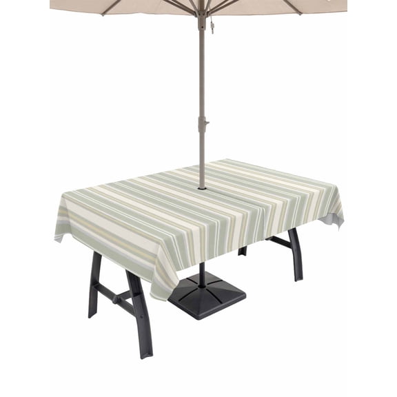 60x102 Inch Outdoor Tablecloth with Umbrella Hole Zipper Rectangle Light Green Lines Rectangular Tablecloths Outside Waterproof Retro Minimalist Stripes Pattern Patio Table Cover for Picnic Party