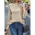 thumbnail image 3 of Womens Eyelet Mock Neck Long Sleeve Shirts Top Dressy Casual Trendy Business Stretch Hollow Out Tee  S, 3 of 7