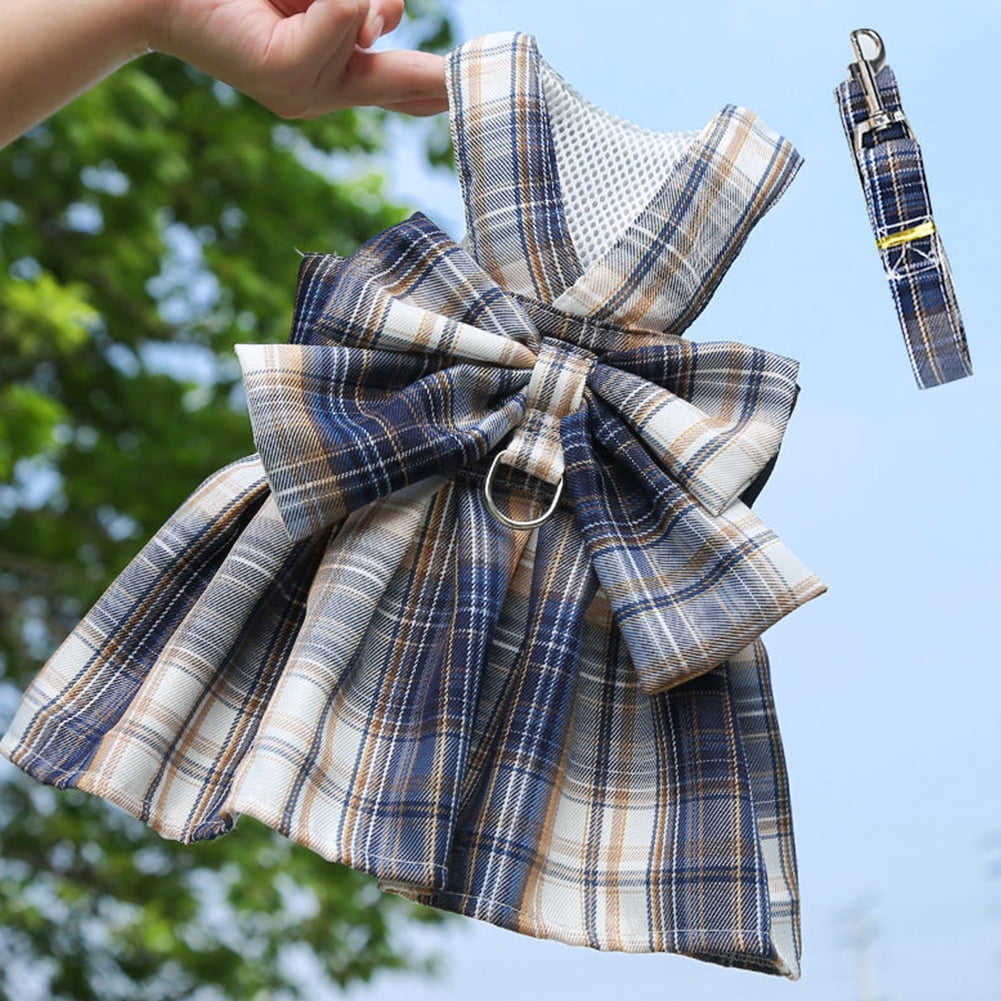 BURIBURI Dog Cat Harness with Leash Set, Doggy Dress Plaid Puppy Girl Skirt with Lead Rope, Cute No Pull Comfort Dog Harness Breathable Lightweight Vest Jacket for Rabbits Outdoor Training Walking