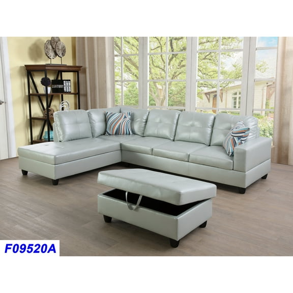 L Shape Sectional Sofa Sets Living Room Furniture with OttomansPillows - Silver Green