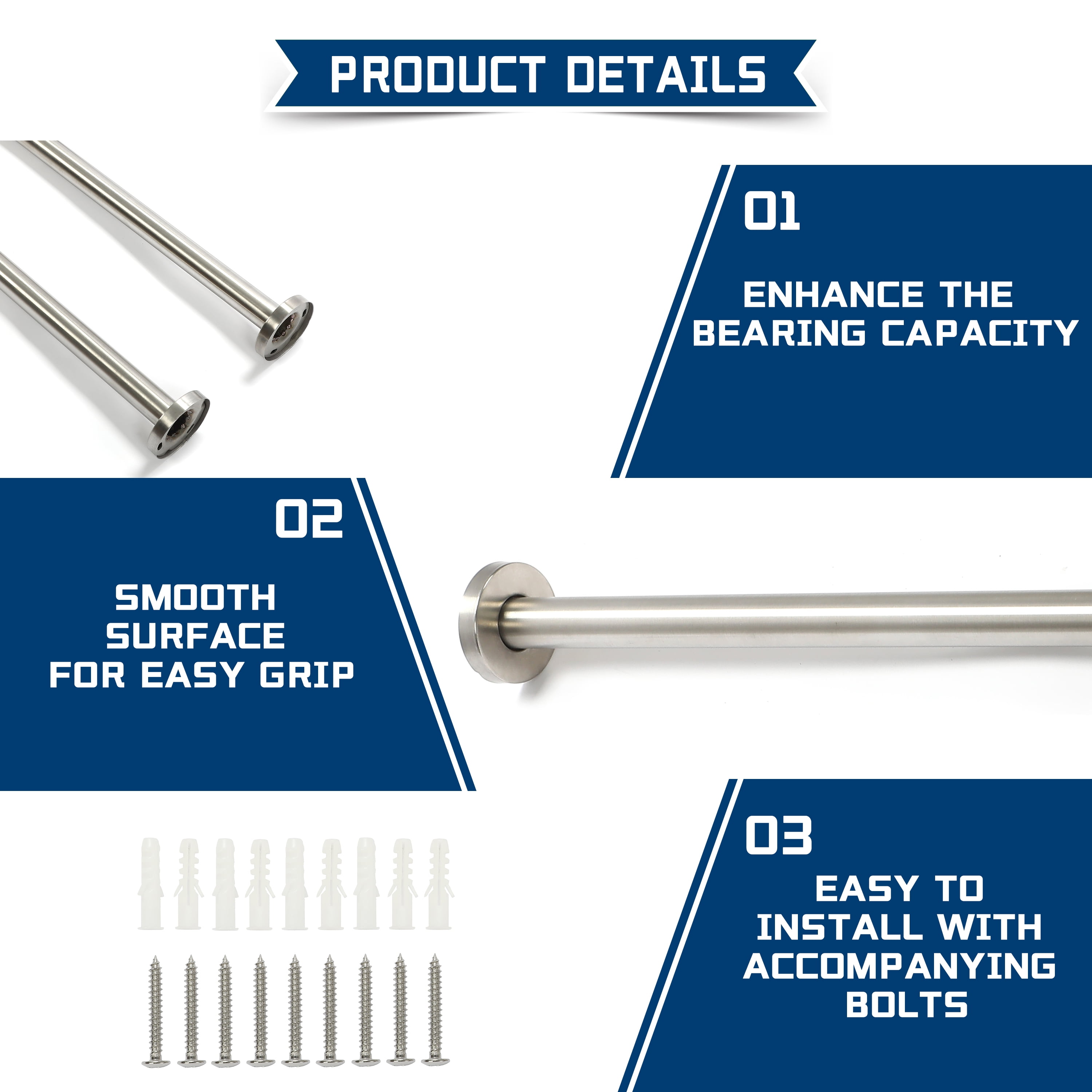 Kojem Toilet Support Rail Handrail Handicap Grab Bar Rails 24 inch Bathroom Safety Bathtub Bar Wall Mount Support Assist Grips for Disabled Elderly Pregnant 304 Stainless Steel