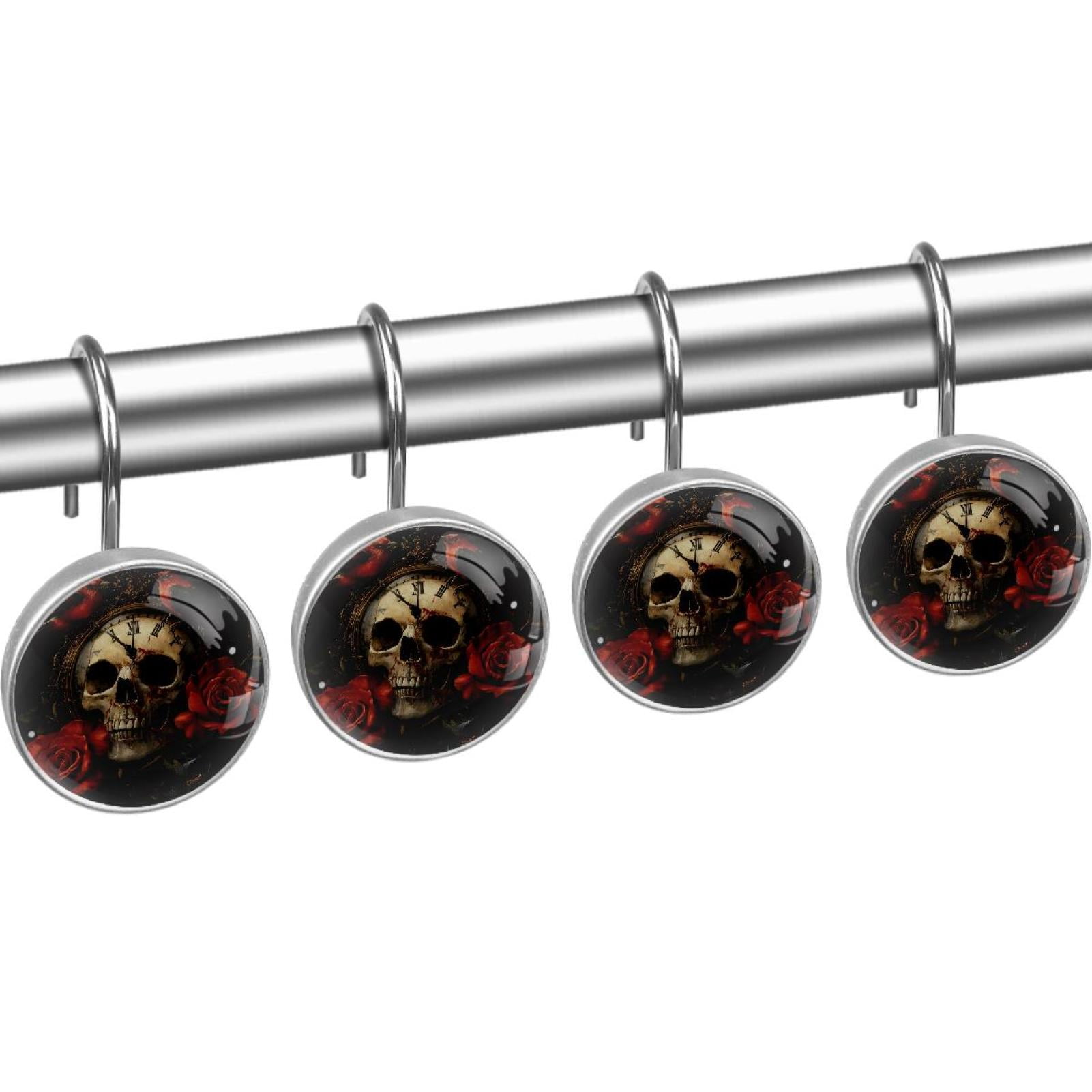 Red Bird Vintage Skull Clock Shower Curtain Hooks Round Crystal Glass, Set of 12 Shower Curtain Rings - Shower Hooks for Curtain Shower Rings