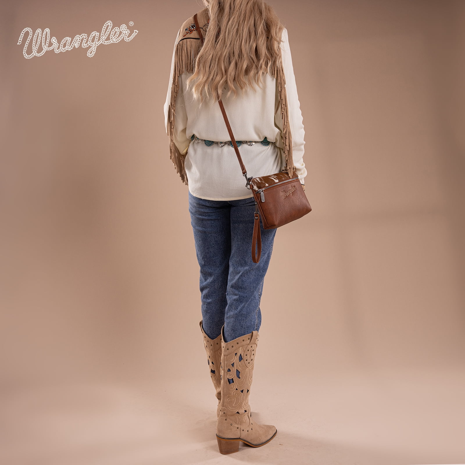 Wrangler Western Cowhide Crossbody Bags for Women Clutch Wristlet Purse, Cowhair-brown