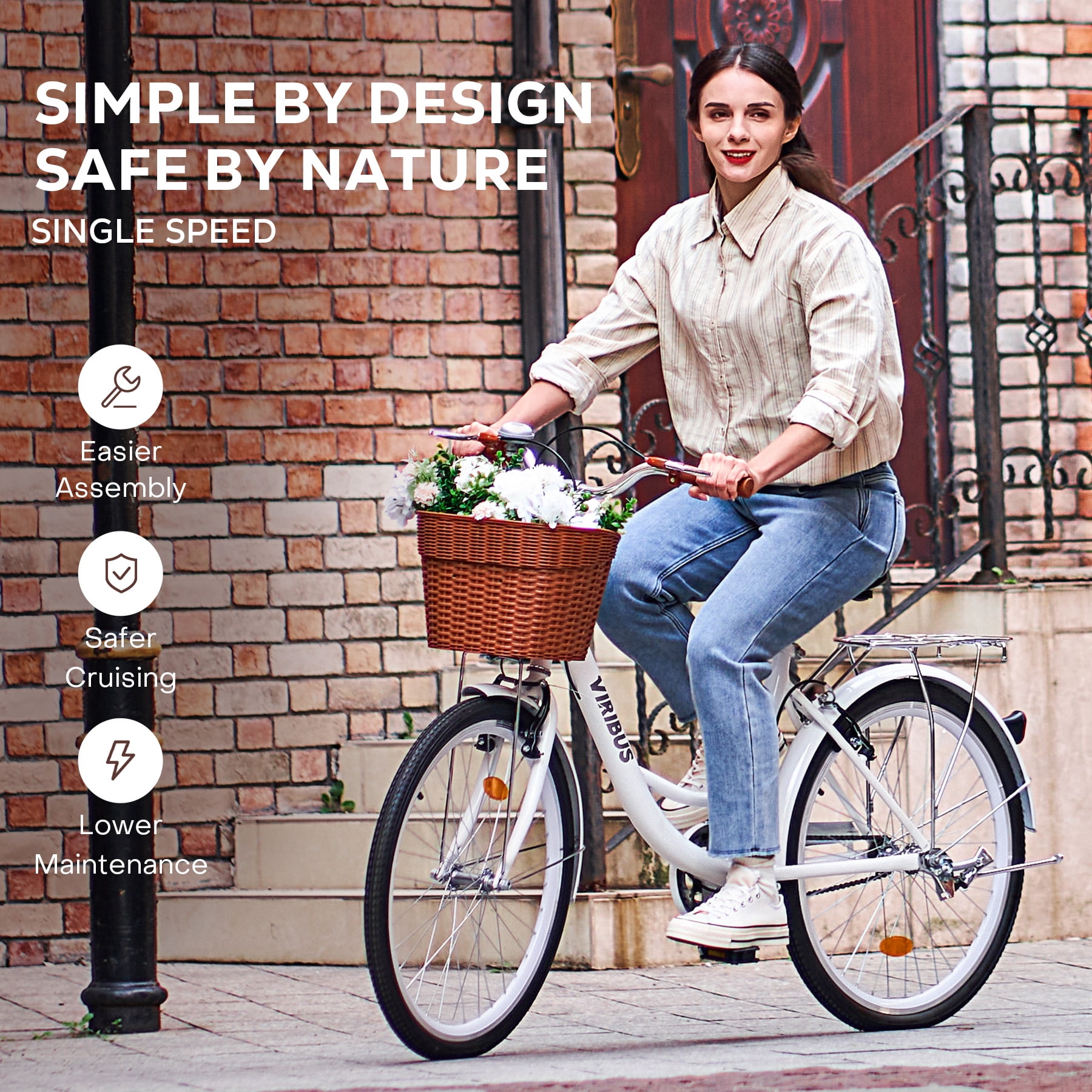 Viribus 24" City Cruiser Bicycle for Women with Carbon Steel Frame Dual V Brakes Basket for Women Adults,White