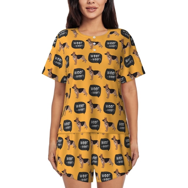 Balery German Shepherd Woof Conjunto de Pijama para Mujer con Estampado, Dos Piezas de Manga Corta y Shorts, Ropa de Dormir Suave con Cuello Redondo y Bolsillos-XX-Large