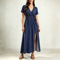 thumbnail image 3 of Women's Boho Floral Maxi Dress Summer Short Sleeve Wrap V Neck Long Flowy Beach Vacation Wedding Guest Dresses Dark Blue XL(XL), 3 of 4