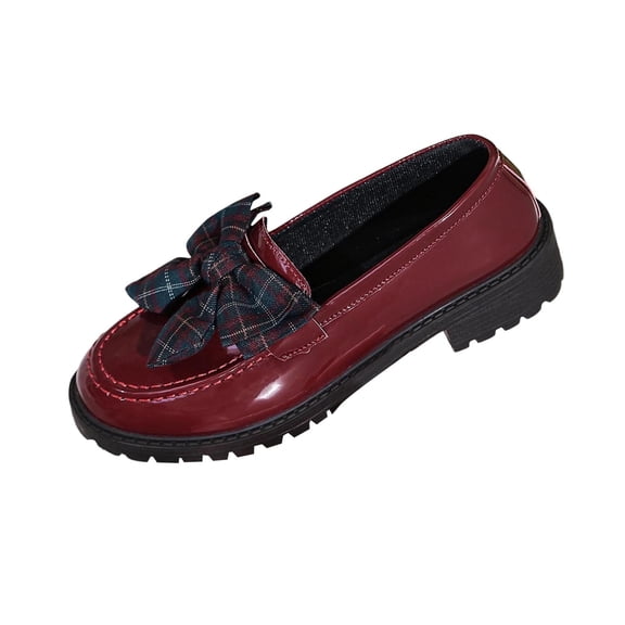 Gpaecead Women Plaid Bow Thick Sole Loafers Patent Leather Heightening Spring Summer Versatile Slip On Shoes, Burgundy
