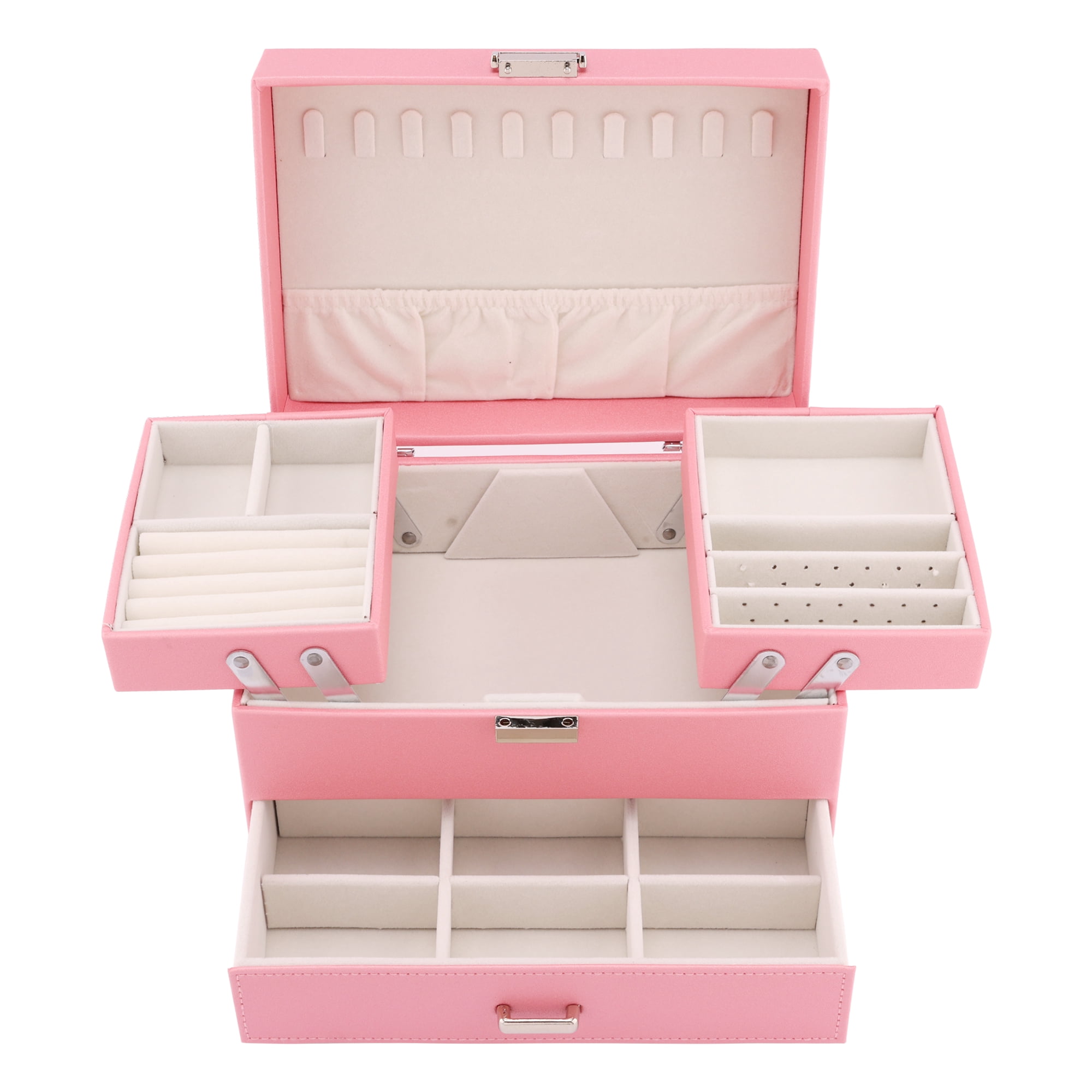Unique Bargains 3 Layer Jewelry Box PU Leather Organizer Pink