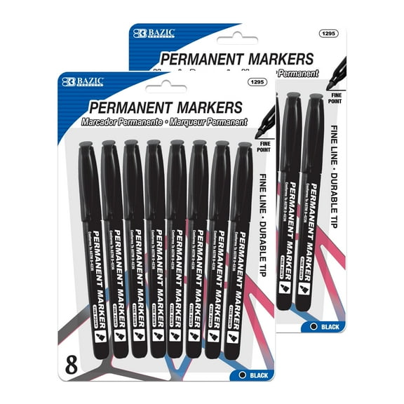 BAZIC Permanent Marker Fine Line Black Markers (8/Pack), 2-Packs