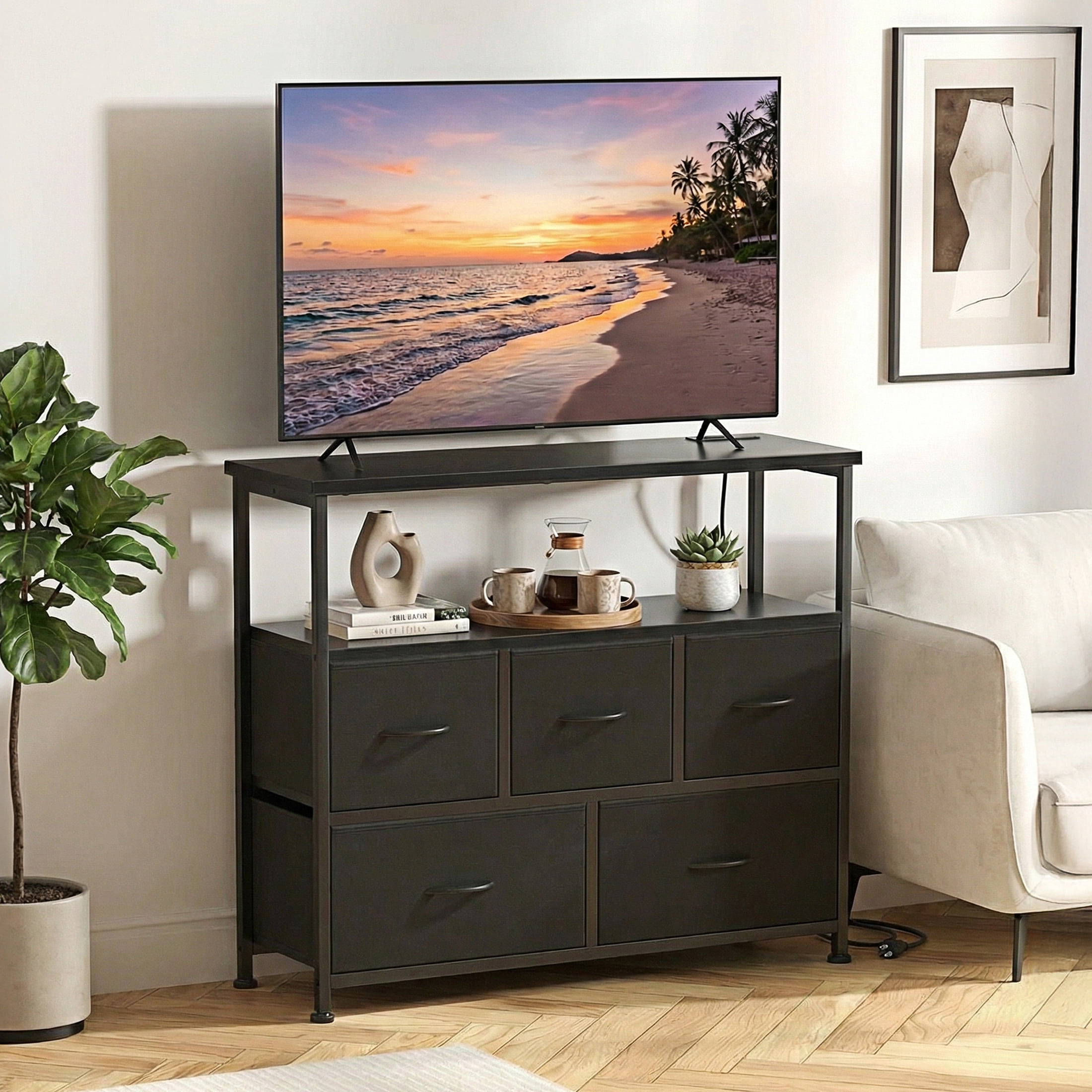 edx 5 Drawers TV Stand Dresser for 45" TV, Modern Media Console with Charging Station & 2 Shelves, Storage Organizer for Bedroom Living Room, Black