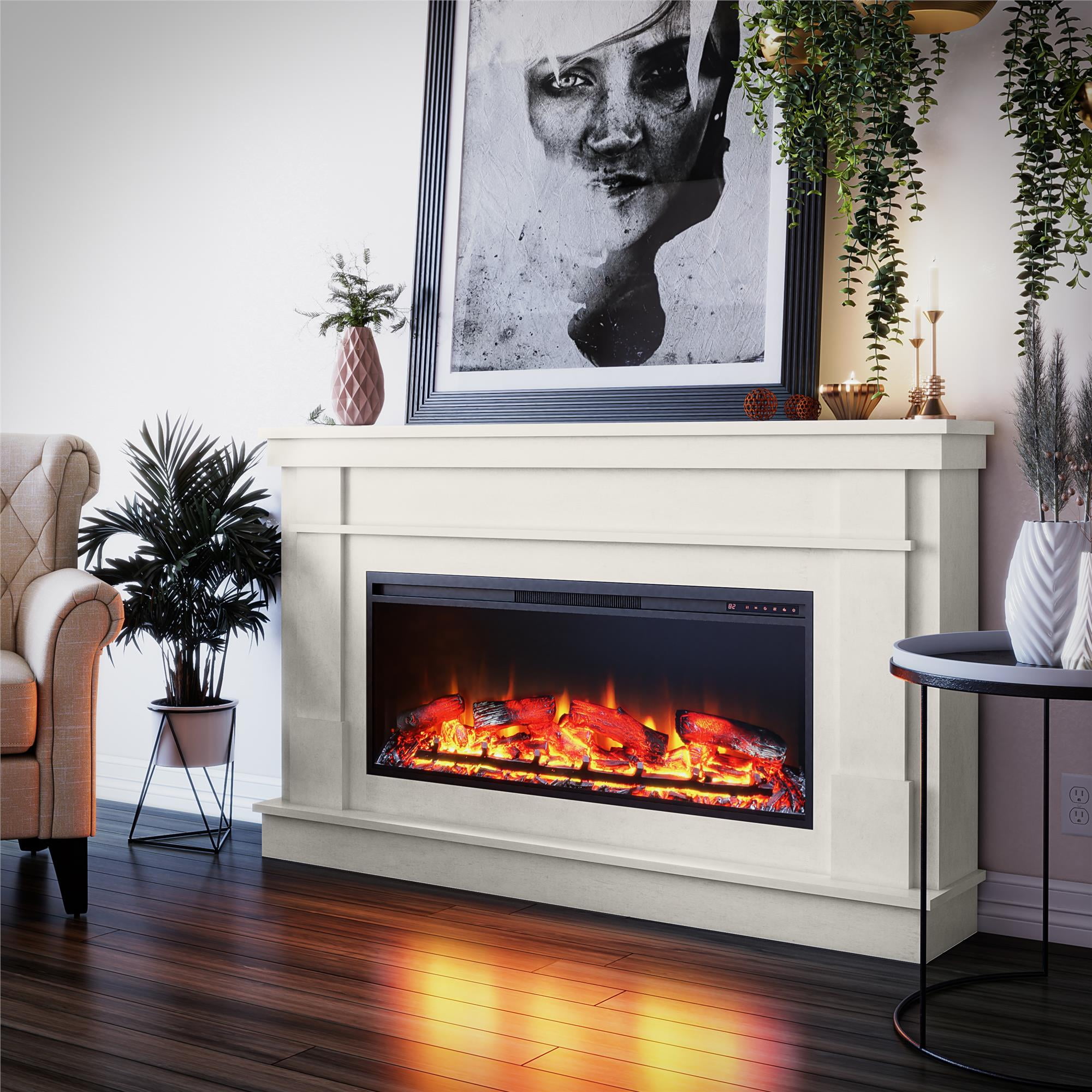 Elmcroft Wide Mantel with Linear Electric Fireplace, Plaster