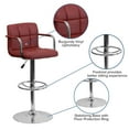 thumbnail image 2 of Contemporary Burgundy Quilted Vinyl Adjustable Height Barstool with Arms and Chrome Base, 2 of 9