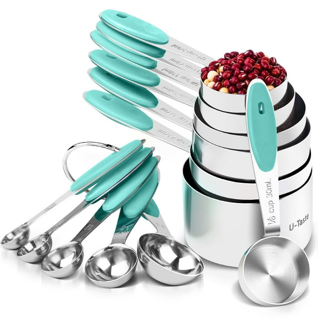 U-Taste 18/8 Stainless Steel Measuring Cups and Spoons Set: 12 Pieces Metal Stacking Kitchen Baking Cooking Food Measure Set 7 Cups 5 Spoons with Strengthened weld joints (Aqua Sky)