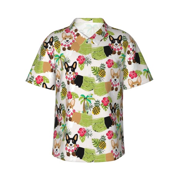 Tropical Flower And Corgi Men'S 3d Print Casual Button Down Shirts, Novelty Hawaiian Short Sleeves 2xl