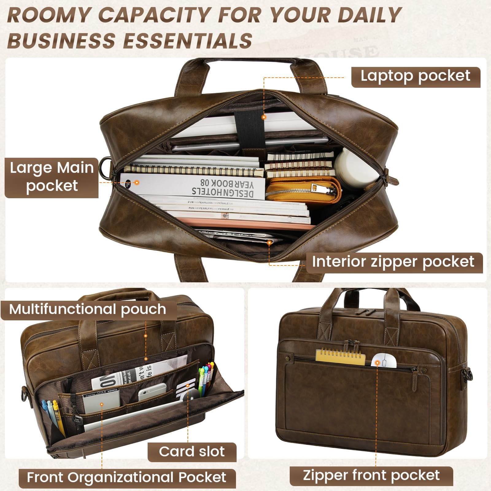 RAINSMORE Mens Laptop Bag 16 Inch Leather Briefcase Vintage Messenger Bag for Men Large Crossbody Shoulder Office Computer Bag Retro College Satchel Bag for Work, Business,Travel,Browm