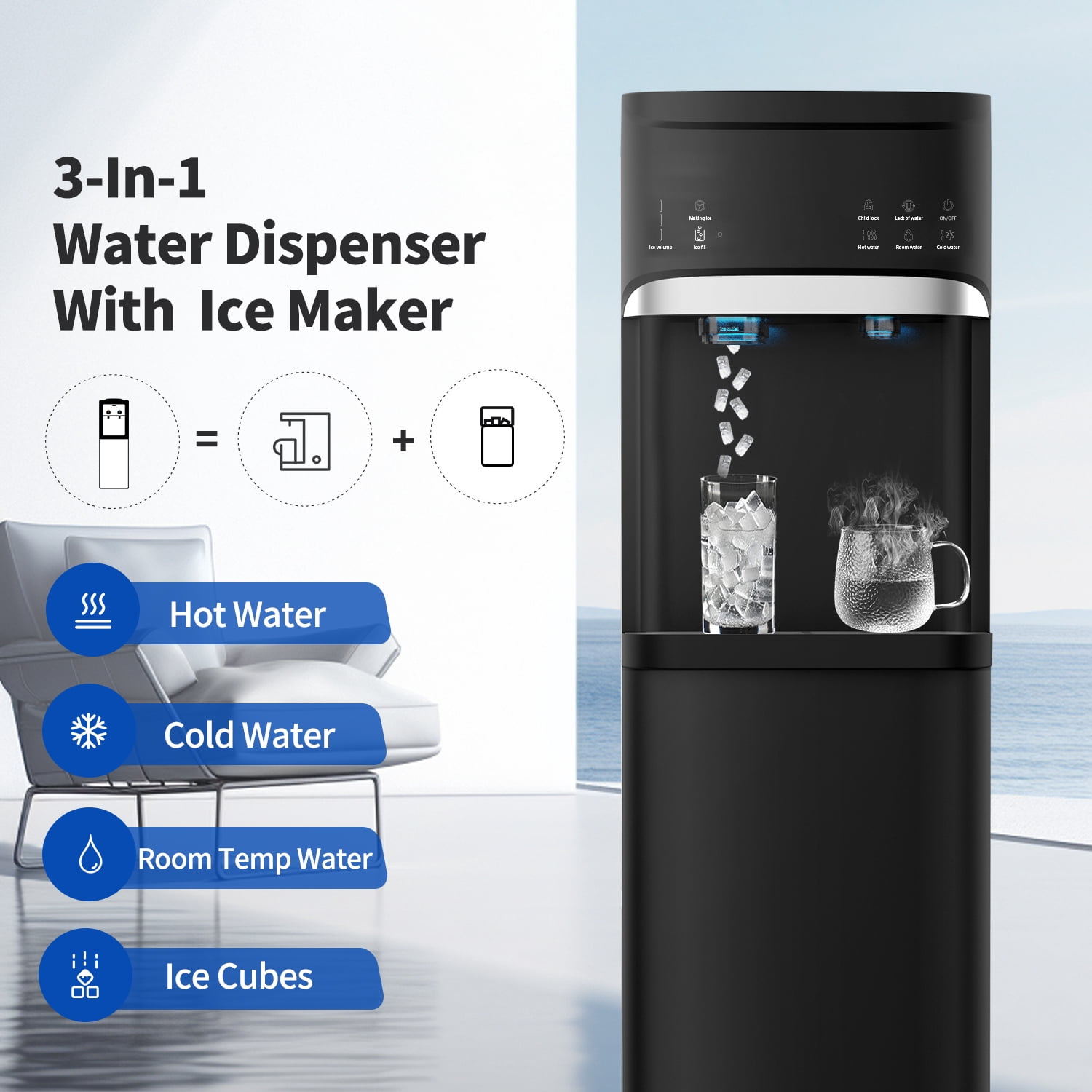 IKT Bottom Loading Water Dispenser with Nugget Ice Maker,Self-Clean,44lbs/Day,5 Gallon,,3-Temp(Cold/Hot/Room),Child Lock,for Home & Office,Black
