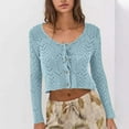 thumbnail image 2 of Open Front Cardigan New Womens Long Sleeve Tie Front Cardigan V-Neck Button down Crochet Knit Sweater Lightweight Cropped Outerwear Light Blue L, 2 of 7