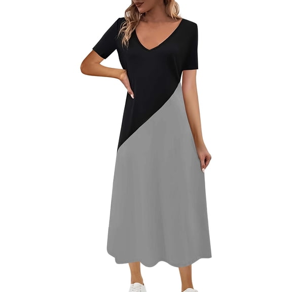 Sexlip Womens Color Block Patchwork Crew Neck Sleeveless Loose Swing Midi Dress Flowy Casual Vacation Everyday Dress Gray XXL