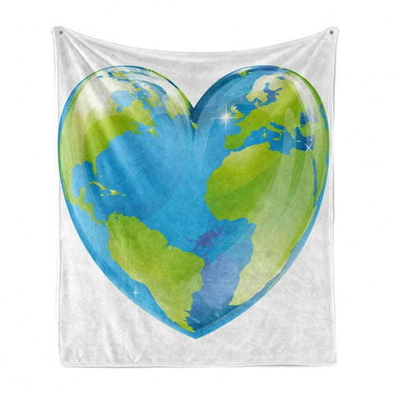 Earth Soft Flannel Fleece Blanket, Vibrant Globe of Earth in Heart Shape Love the World Care for Environment, Cozy Plush for Indoor and Outdoor Use, 70" x 90", Pale Blue Lime Green, by Ambesonne