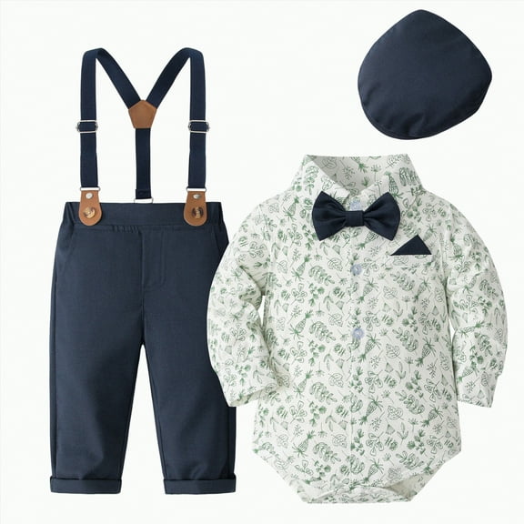 MYShe Boys Wedding Outfit Baby Boy Suit Gentleman Outfit Clothes Set Infant Long Sleeve Dress Shirt Suspender Pants Bowtie Hat Navy,6-9 Months