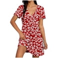 thumbnail image 2 of Women's Dresses Fashion Print V-Neck Short Sleeve Loose Pleated Knee Length Dress Red XL, 2 of 7
