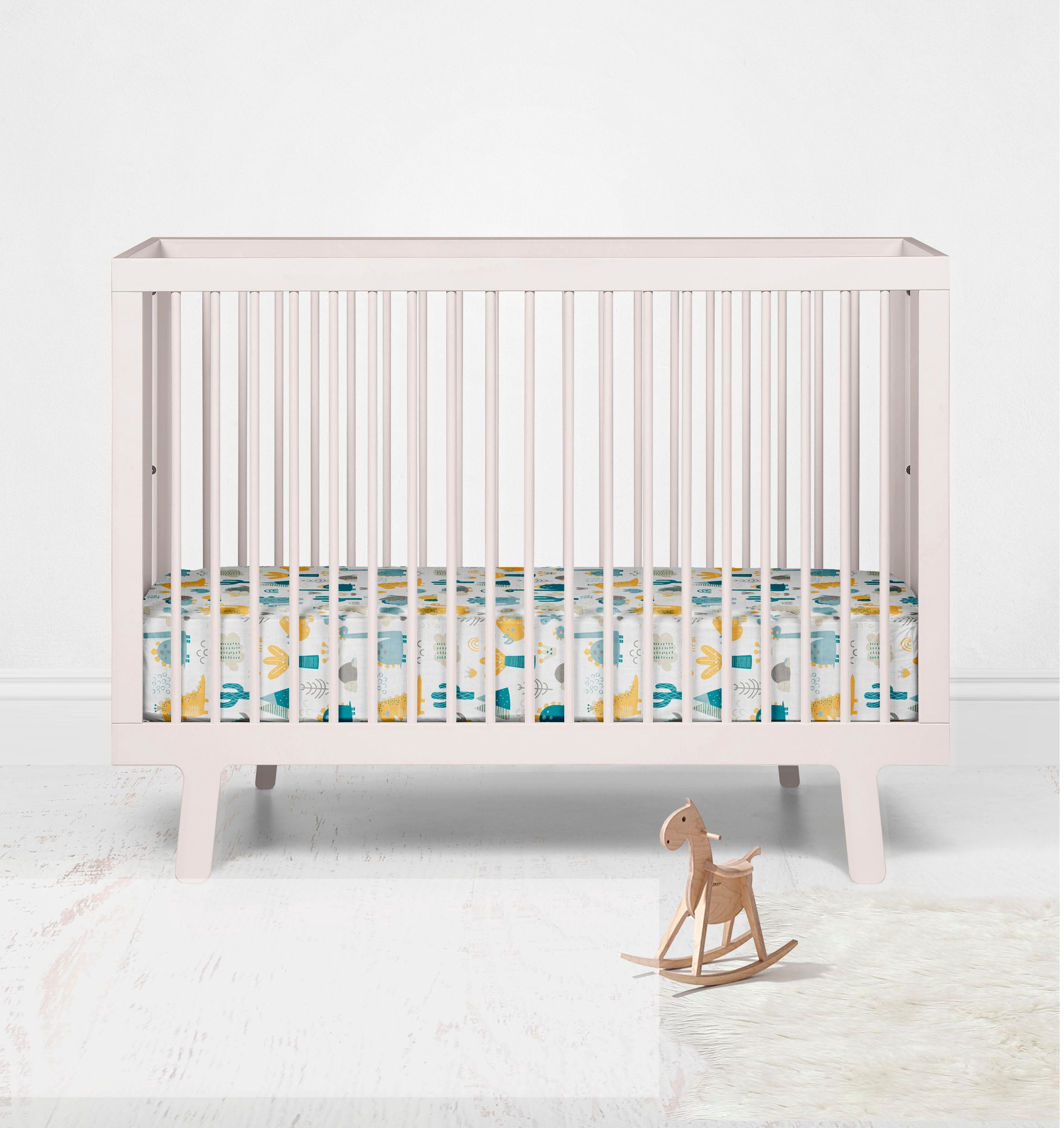 Bacati - Boys Little Dino Teal Aqua Yellow Muslin Crib or Toddler Bed Fitted Sheet