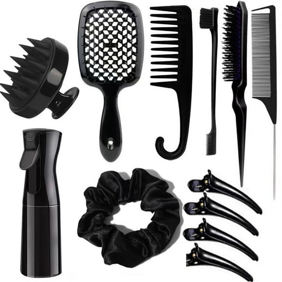 12pcs/Set Hair Styling Comb Set, Detangling Hair Brush For All Hair Types, Detangler Brush Teasing Hair Brush Rat Tail Comb Edge Brush, Silicone Scalp Massager Shampoo Brush For Shower-Black